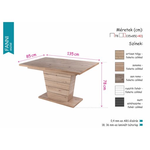 Fanni bővíthető étkezőasztal 135x85cm (+40cm)