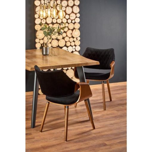 K396 modern beltéri étkezőszék dió és fekete bársony színben