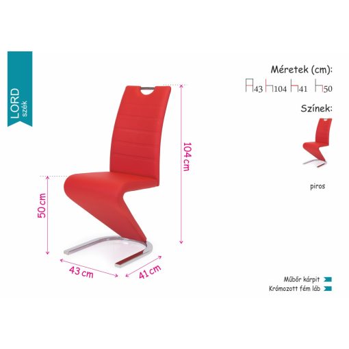 Lord szánkótalpas szék krómozott lábakkal és piros műbőrrel