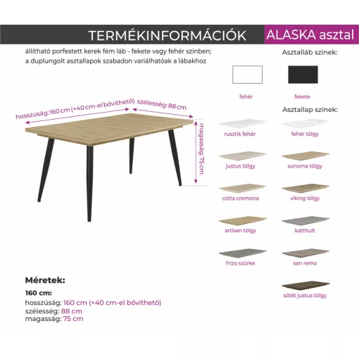 Alaska asztal fekete lábbal - Rusztik fehér 
