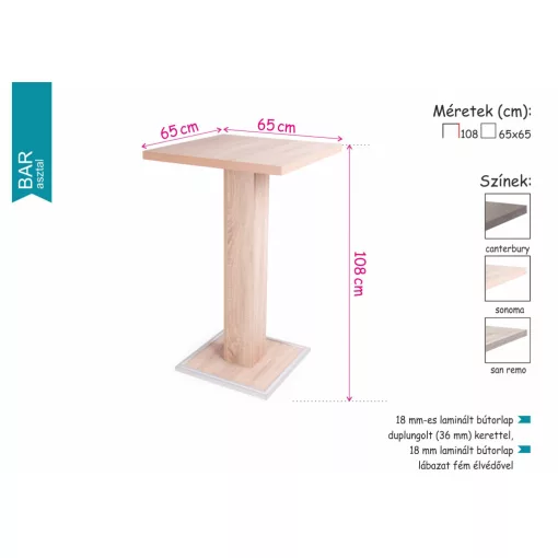 Bar asztal 65x65 cm - canterbury