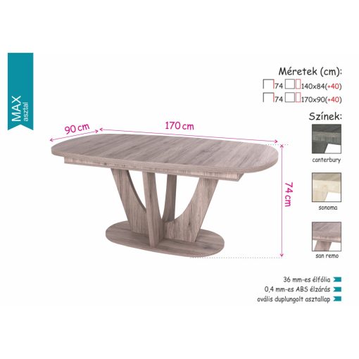 Max bővíthető étkezőasztal 170x90(+40cm)